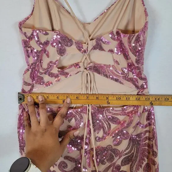 Bebe Women Sequin Open Back Sparkle Mesh Short Dress Size Medium Pink Y2k Barbie - Picture 12 of 14